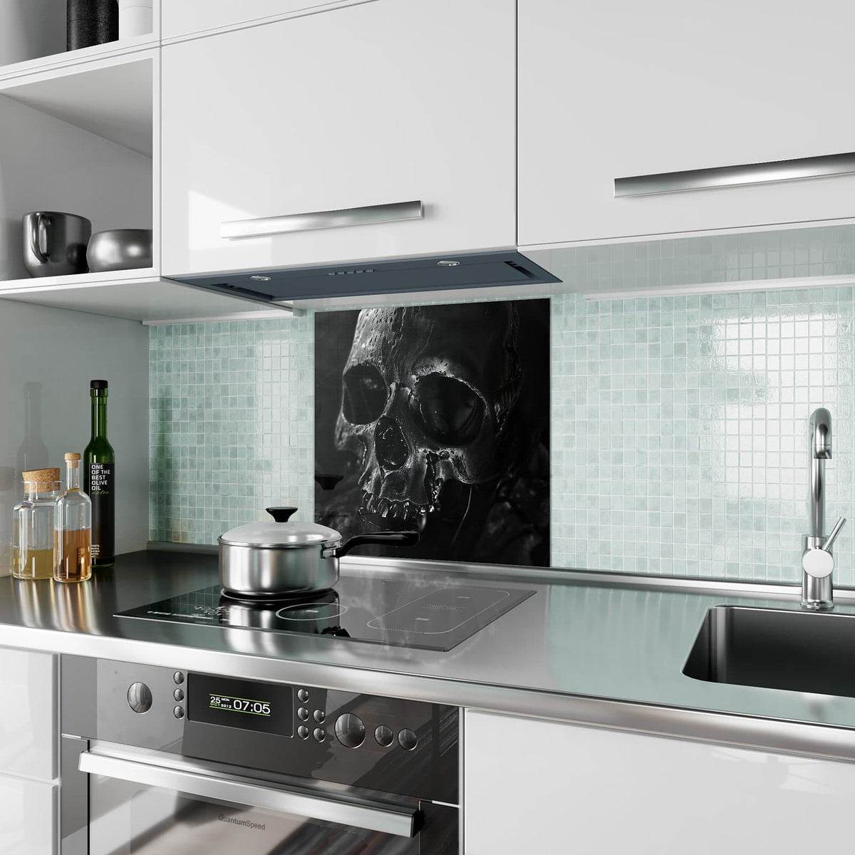 Küchenrückwand Dunkler Totenkopf aus Glas – Dramatisch beleuchteter Totenkopf