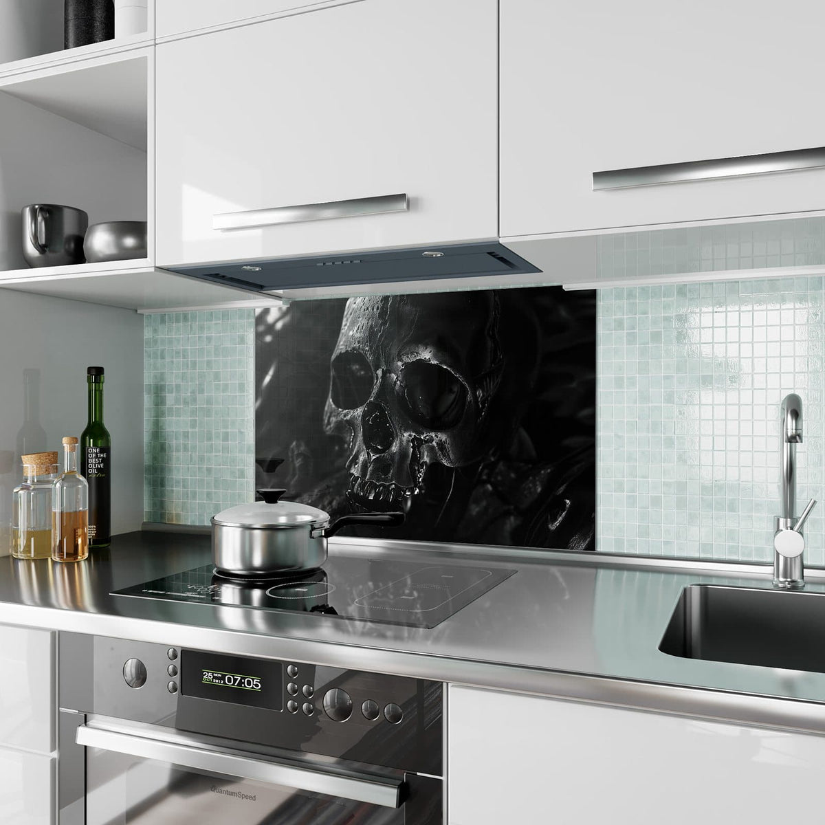 Küchenrückwand aus Glas Dunkler Totenkopf im Hochformat als Spritzschutz hinter dem Kochfeld, über dem Fliesenspiegel montiert