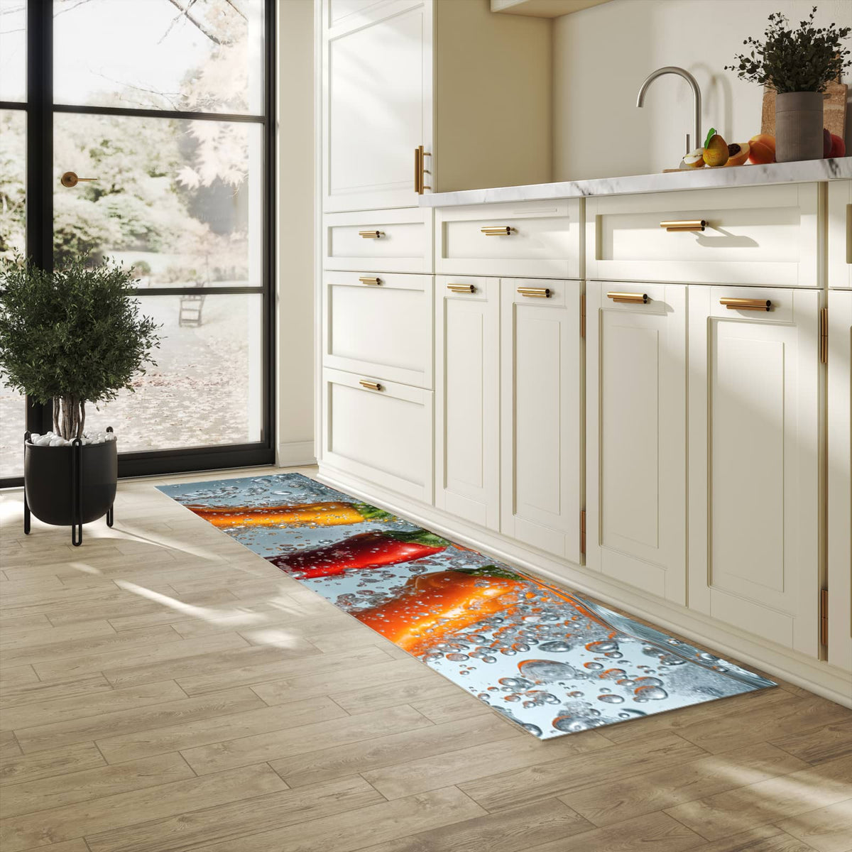 Hygienischer Küchenteppich mit Motiv In Wasser Paprika in heller Küche
