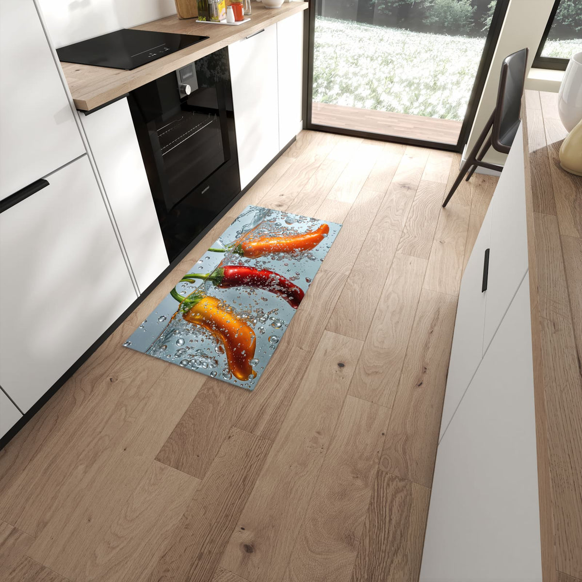 Bodenschonender langer Teppich mit Motiv In Wasser Paprika in moderner Küche #grösse_60 x 120 cm