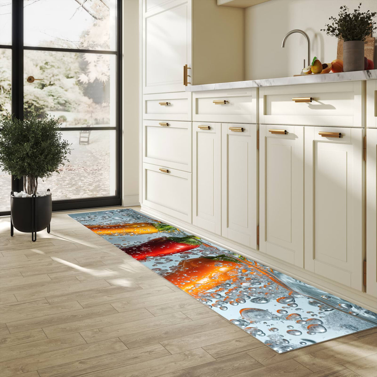 Strapazierfähiger Küchenteppich mit Motiv In Wasser Paprika in heller Küche