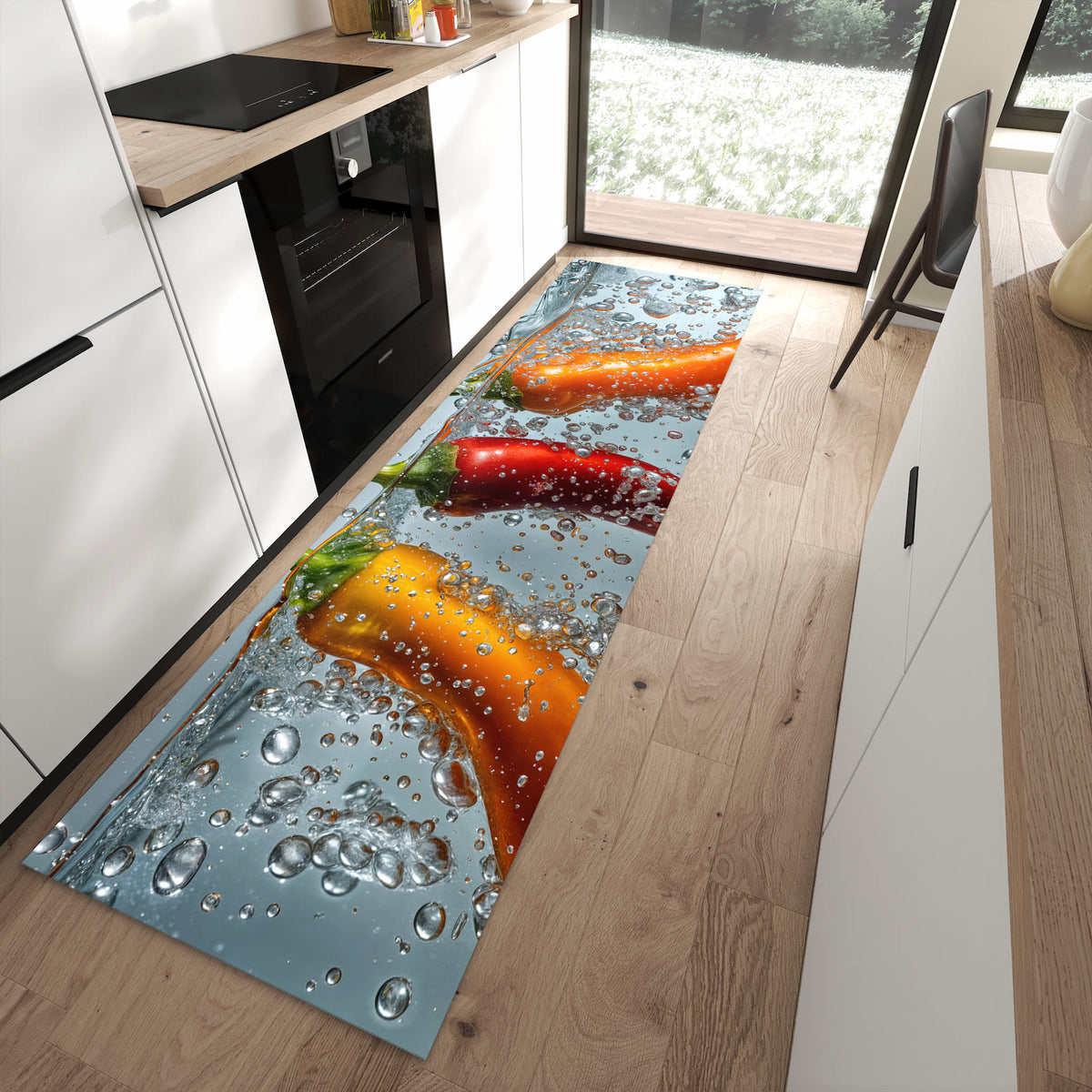 Wasserabweisender Bodenläufer mit Motiv In Wasser Paprika in moderner Küche