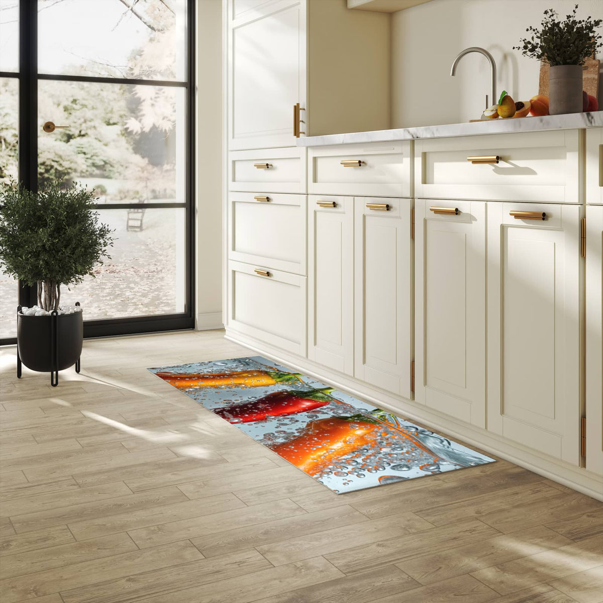Pflegeleichter Küchenteppich mit Motiv In Wasser Paprika in heller Küche