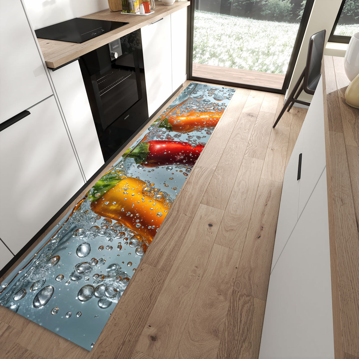 Geräuschdämpfender dünner Küchenteppich mit Motiv In Wasser Paprika in moderner Küche