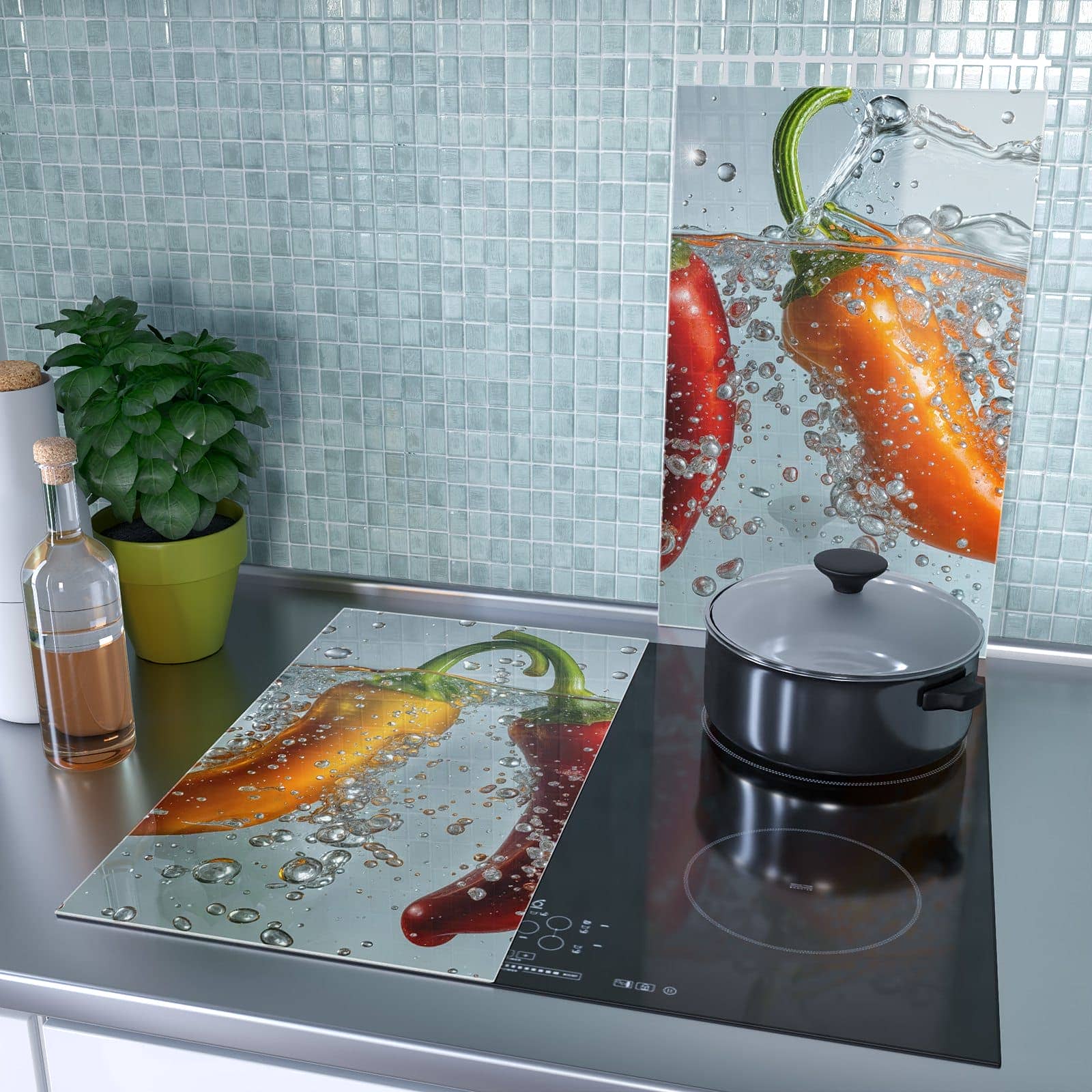 2-teilige Herdabdeckung für Induktionsfeld mit Spritzige Paprika-Motiv als Spritzschutz hinter dem Kochfeld