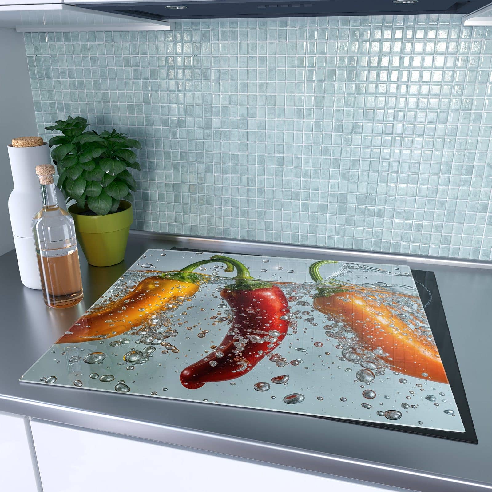 1-teilige Abdeckplatten für Ceranfeld mit Spritzige Paprika-Motiv auf dem Ceranfeld
