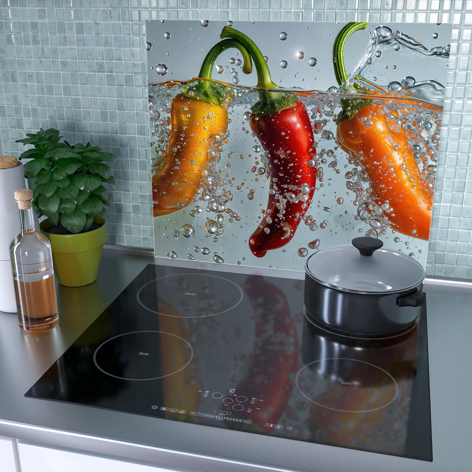 1-teilige Herdabdeckplatten aus Glas mit Spritzige Paprika-Motiv als Spritzschutz hinter dem Kochfeld