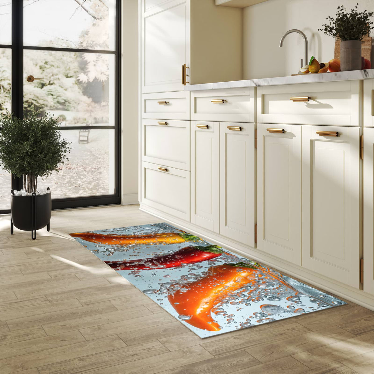 Langlebiger Küchenteppich mit Motiv In Wasser Paprika in heller Küche