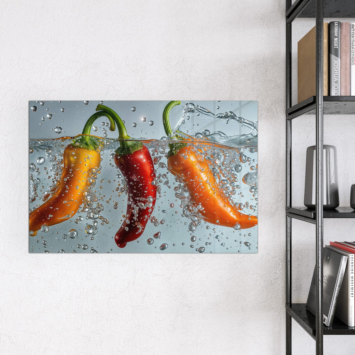 Magnettafel - Spritzige Paprika – Drei Paprika tauchen ins Wasser