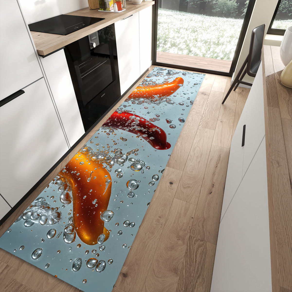Fleckenresistenter Bodenläufer mit Motiv In Wasser Paprika in moderner Küche