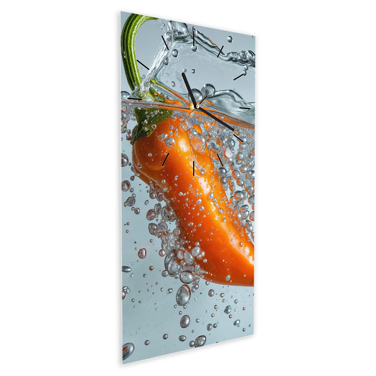 Wanduhr aus Glas im Hochformat Spritzige Paprika schräg von der Seite, 4 mm starkes Glas