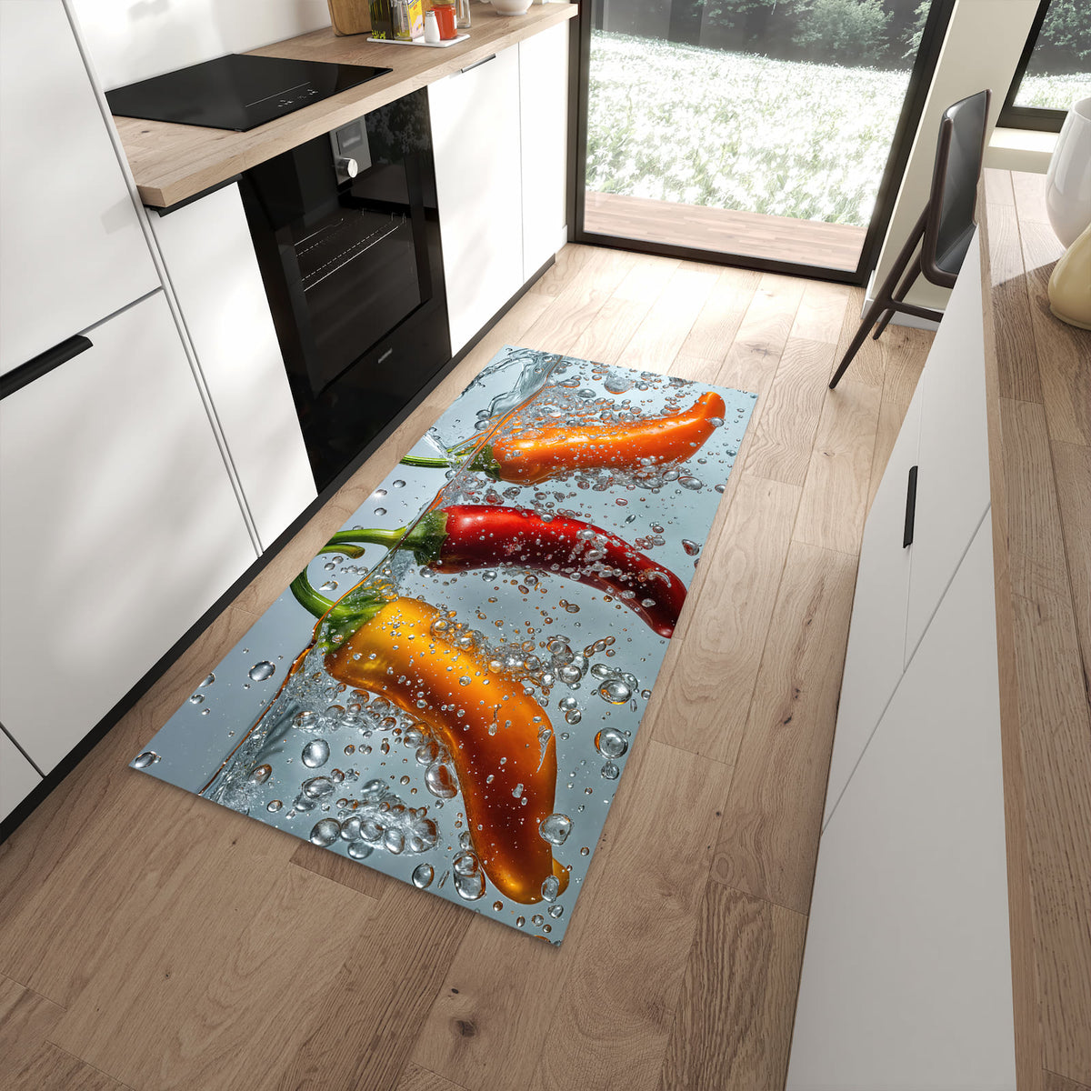 Schmutzabweisender Küchenteppich mit Motiv In Wasser Paprika in moderner Küche