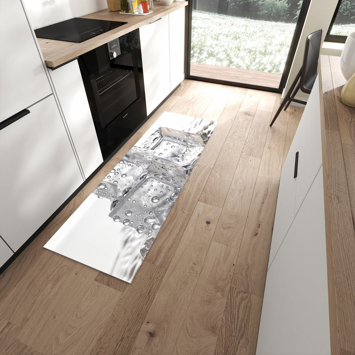 Küchenläufer Drei Eiswürfel in einer modernen Küche
