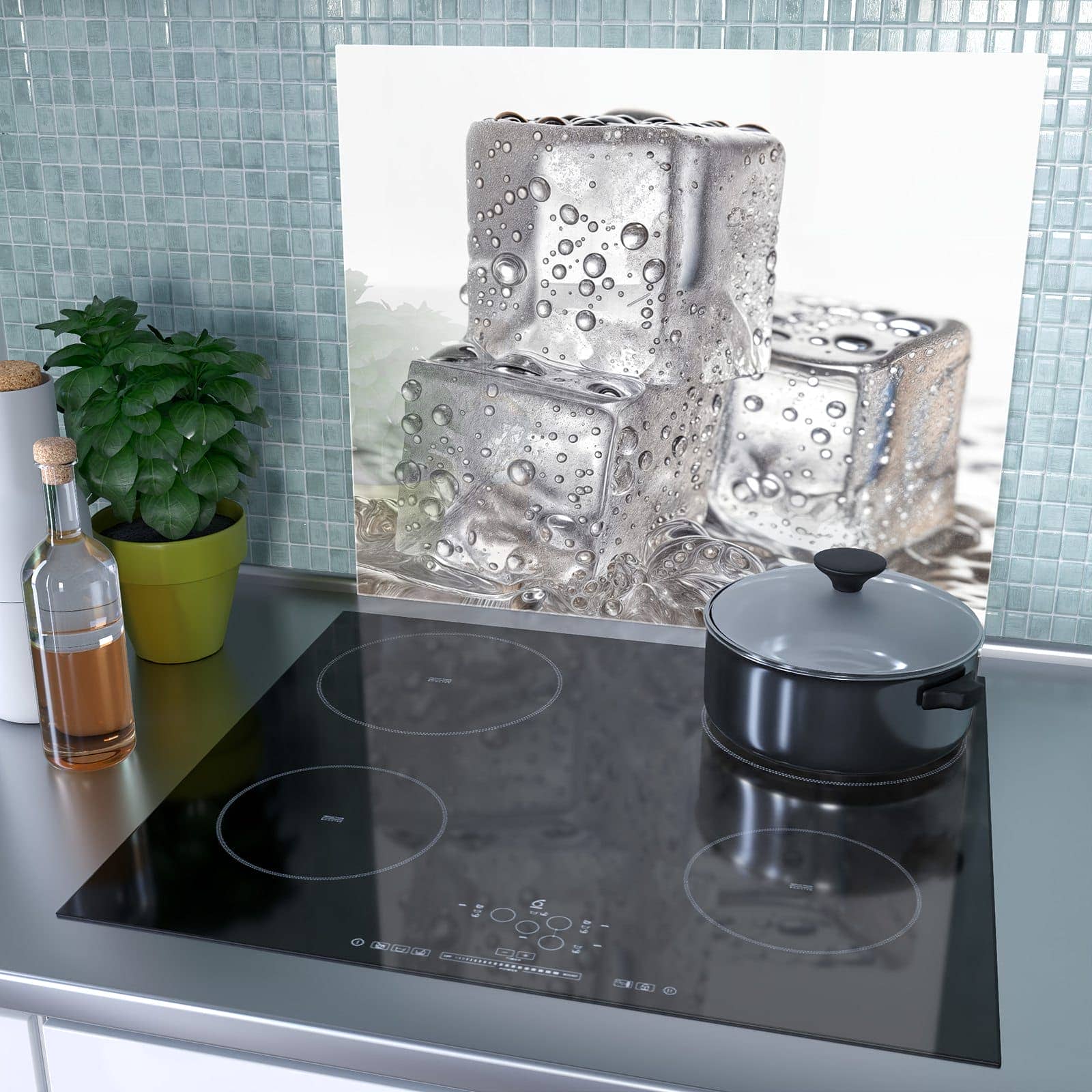 1-teilige Herdabdeckplatte mit Eiswuerfel-Motiv als Spritzschutz hinter dem Kochfeld
