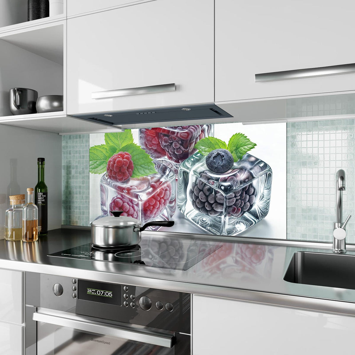 Küchenrückwand aus Glas Beeren und Minze im Eis im Hochformat als Spritzschutz hinter dem Kochfeld, über dem Fliesenspiegel montiert