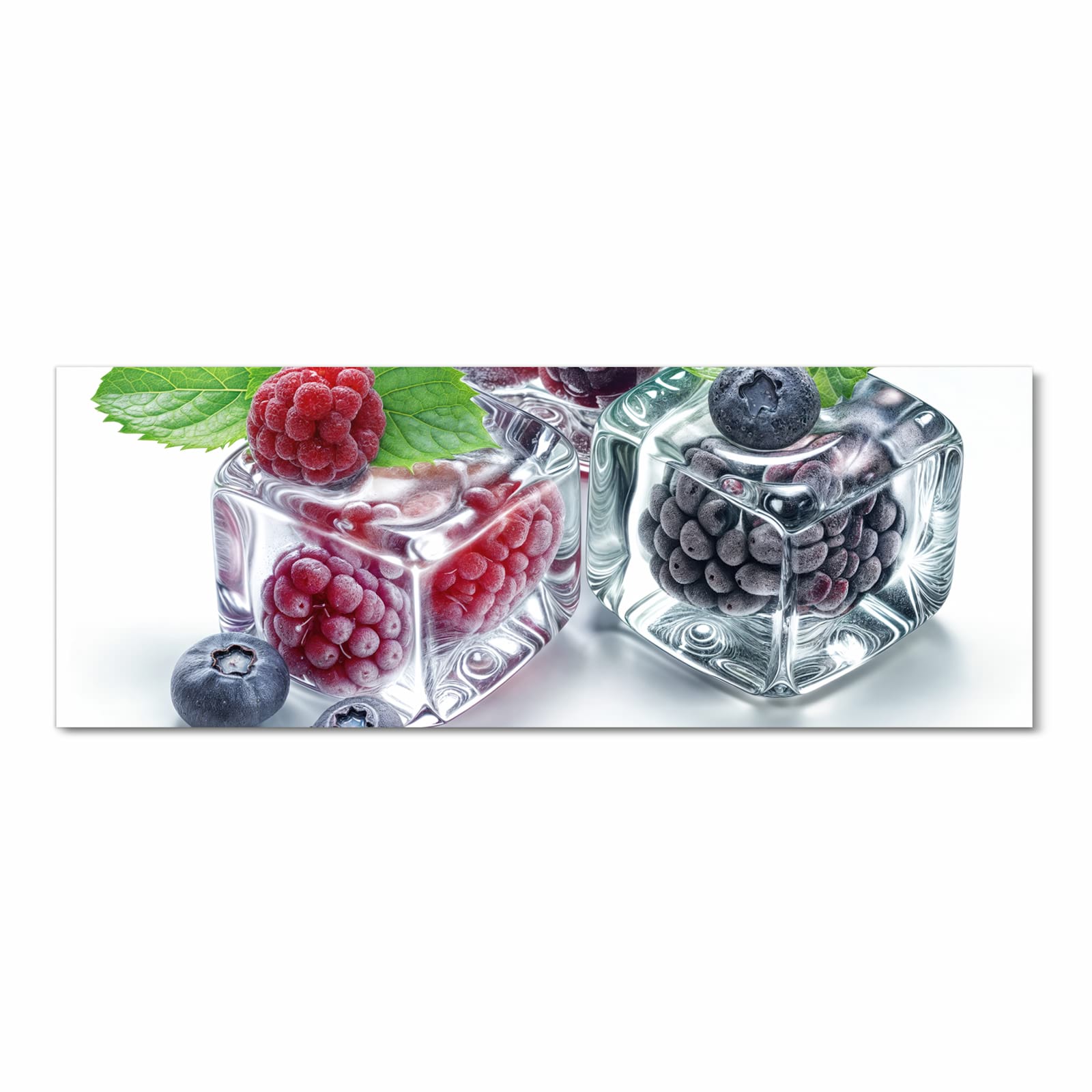 Waschbarer Teppich für Esstisch mit Motiv Eiswürfel Beerenmix in Frontansicht sicher aufbewahrt