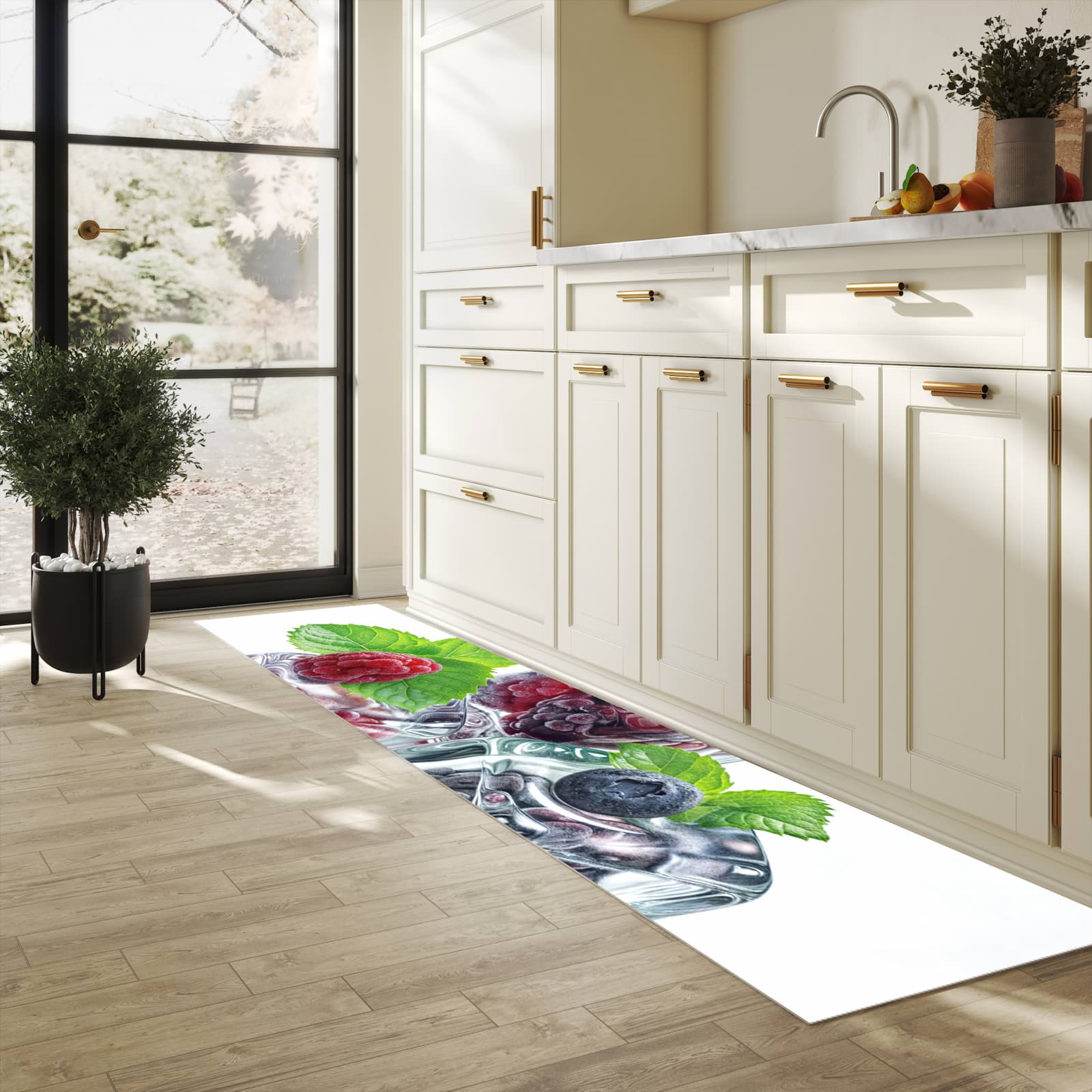 Rutschfester Küchenläufer mit Motiv Eiswürfel Beerenmix für Trittkomfort in heller Küche