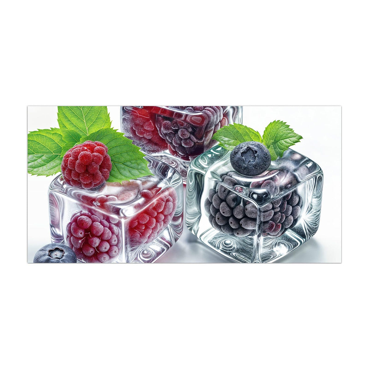 Küchenrückwand aus Glas Beeren und Minze im Eis im Hochformat, Motiv bildfüllend von vorn