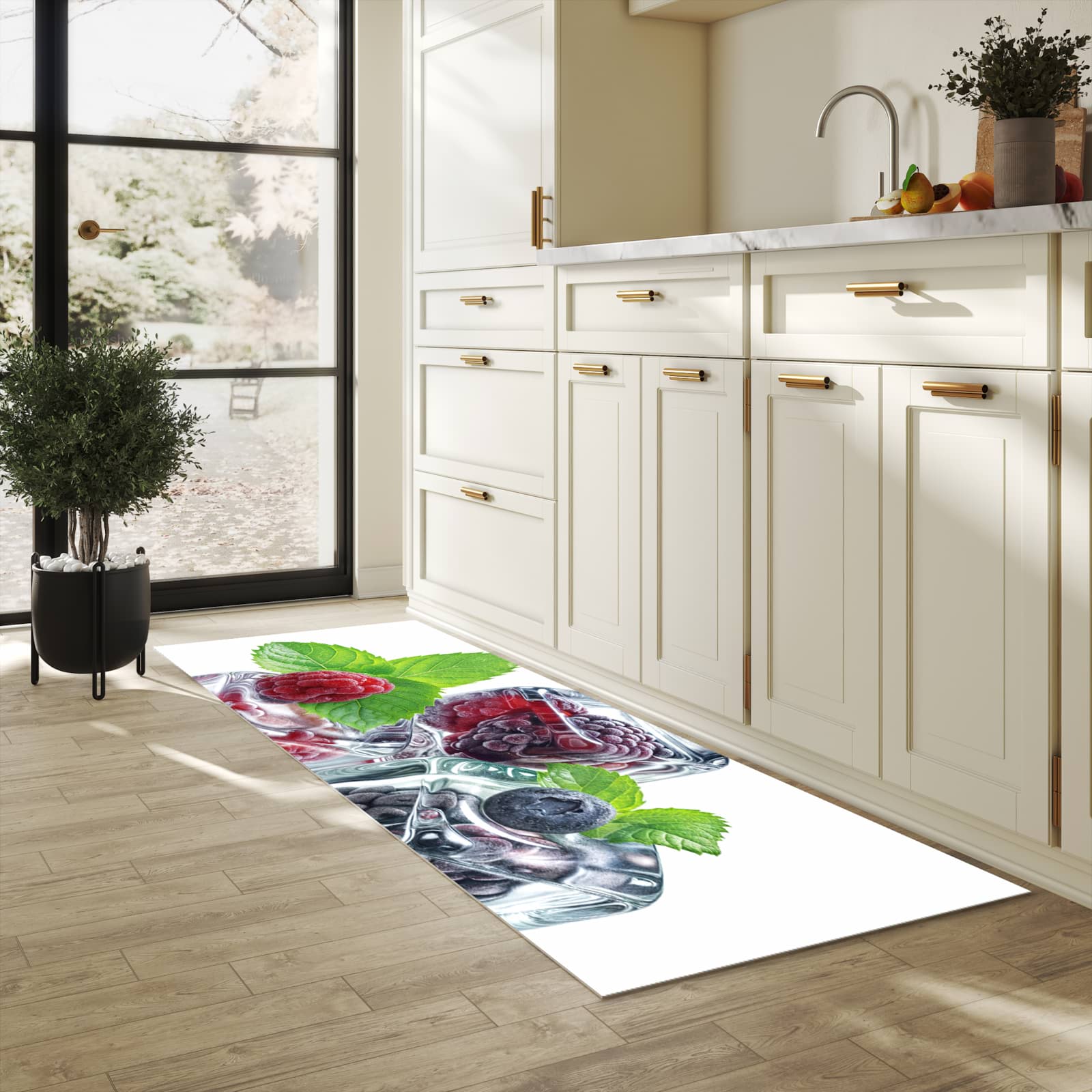 Schmutzabweisender moderner Küchenläufer mit Motiv Eiswürfel Beerenmix in heller Küche