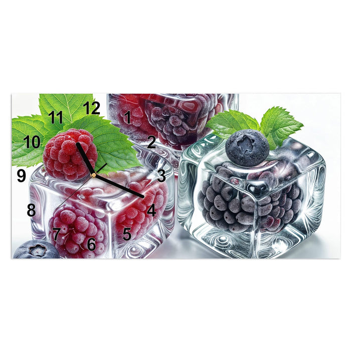 Wanduhr Eiswürfel Beerenmix aus Glas – Querformat 60 × 30 cm mit Ziffernblatt Modern