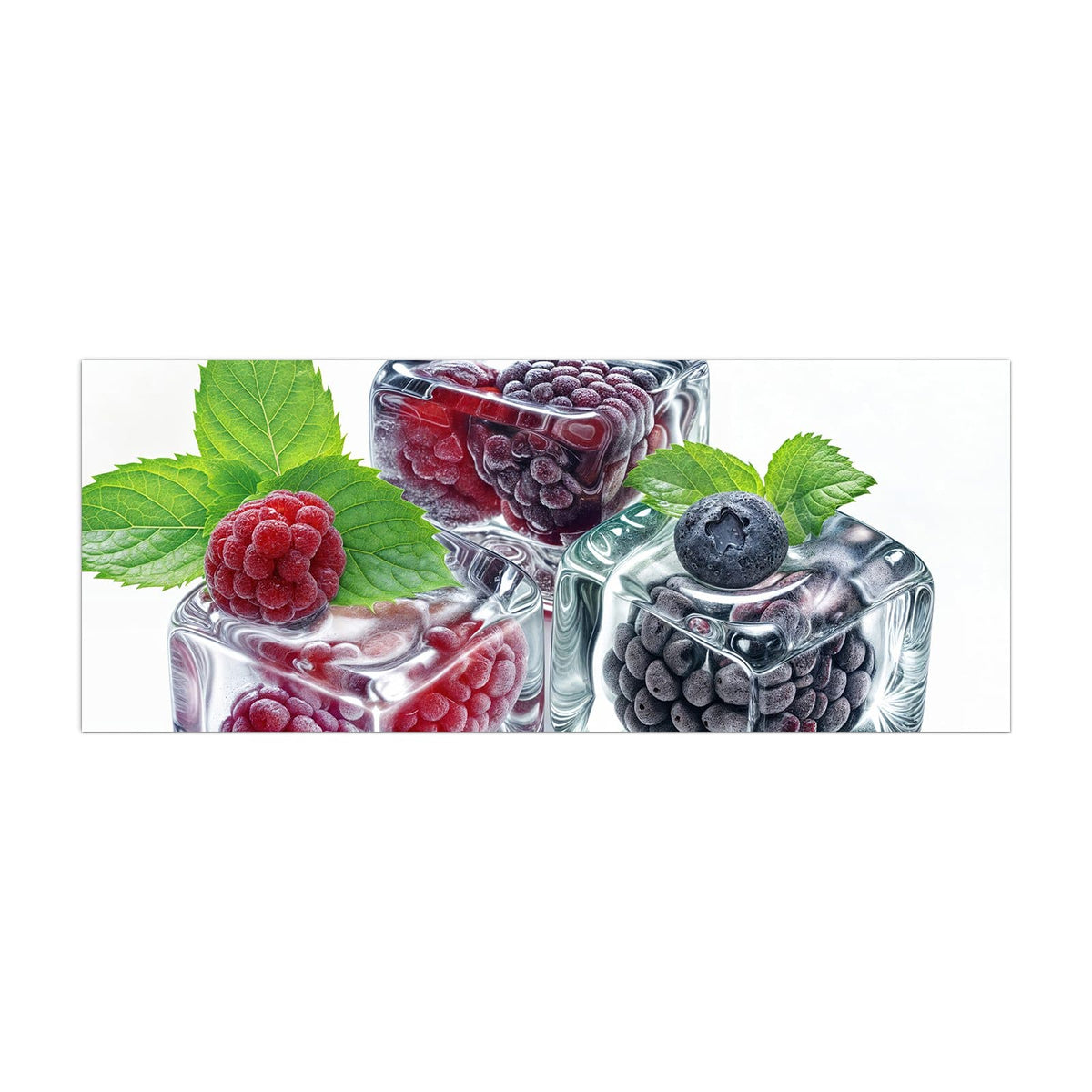 Küchenrückwand aus Glas Beeren und Minze im Eis im Hochformat, Motiv bildfüllend von vorn