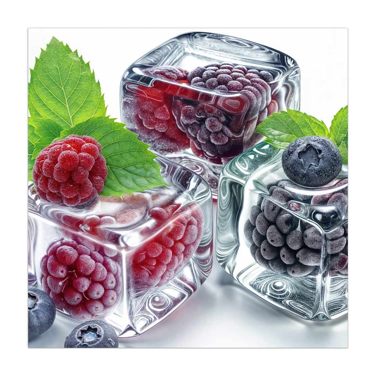 Küchenrückwand aus Glas Beeren und Minze im Eis im quadratischen Format, Motiv bildfüllend von vorn