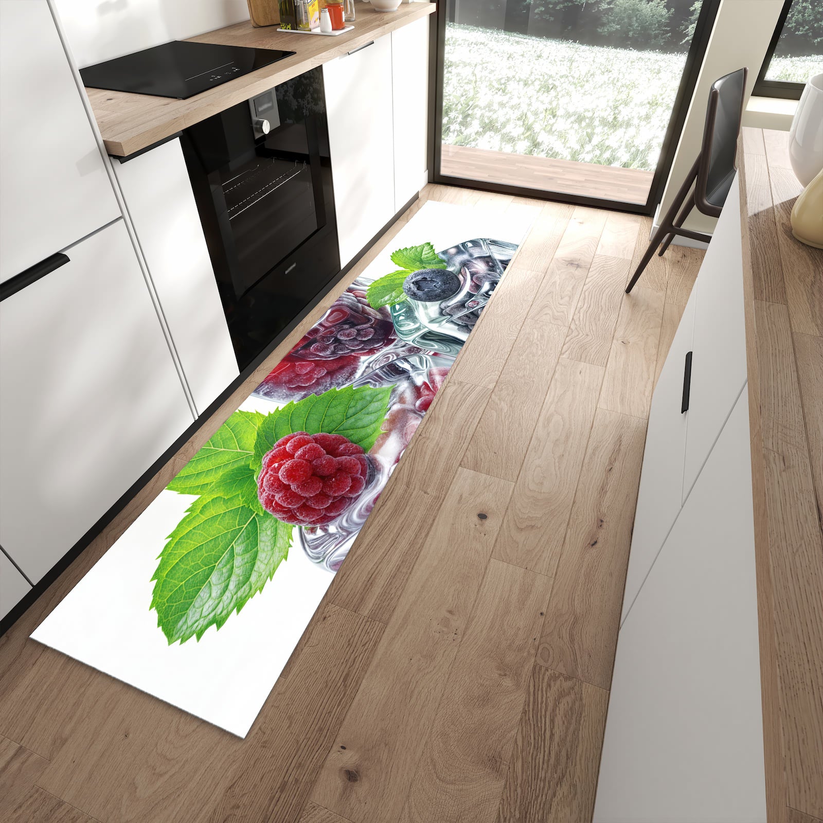 Küchenteppich mit Motiv Eiswürfel Beerenmix für angenehme Haptik in moderner Küche