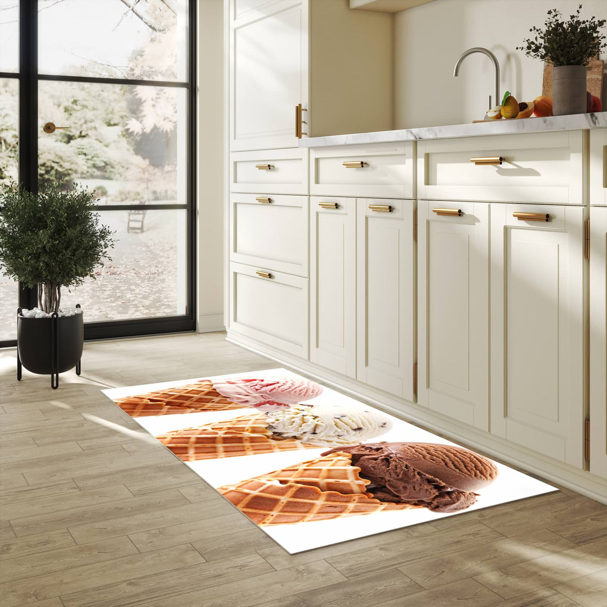 Farbbeständiger rutschfester Küchenteppich mit Motiv Leckeres Eiscreme Trio in heller Küche