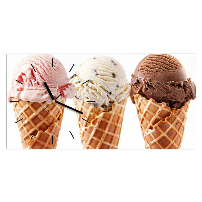 Wanduhr Leckeres Eiscreme Trio aus Glas – Querformat 60 × 30 cm mit Ziffernblatt Linie