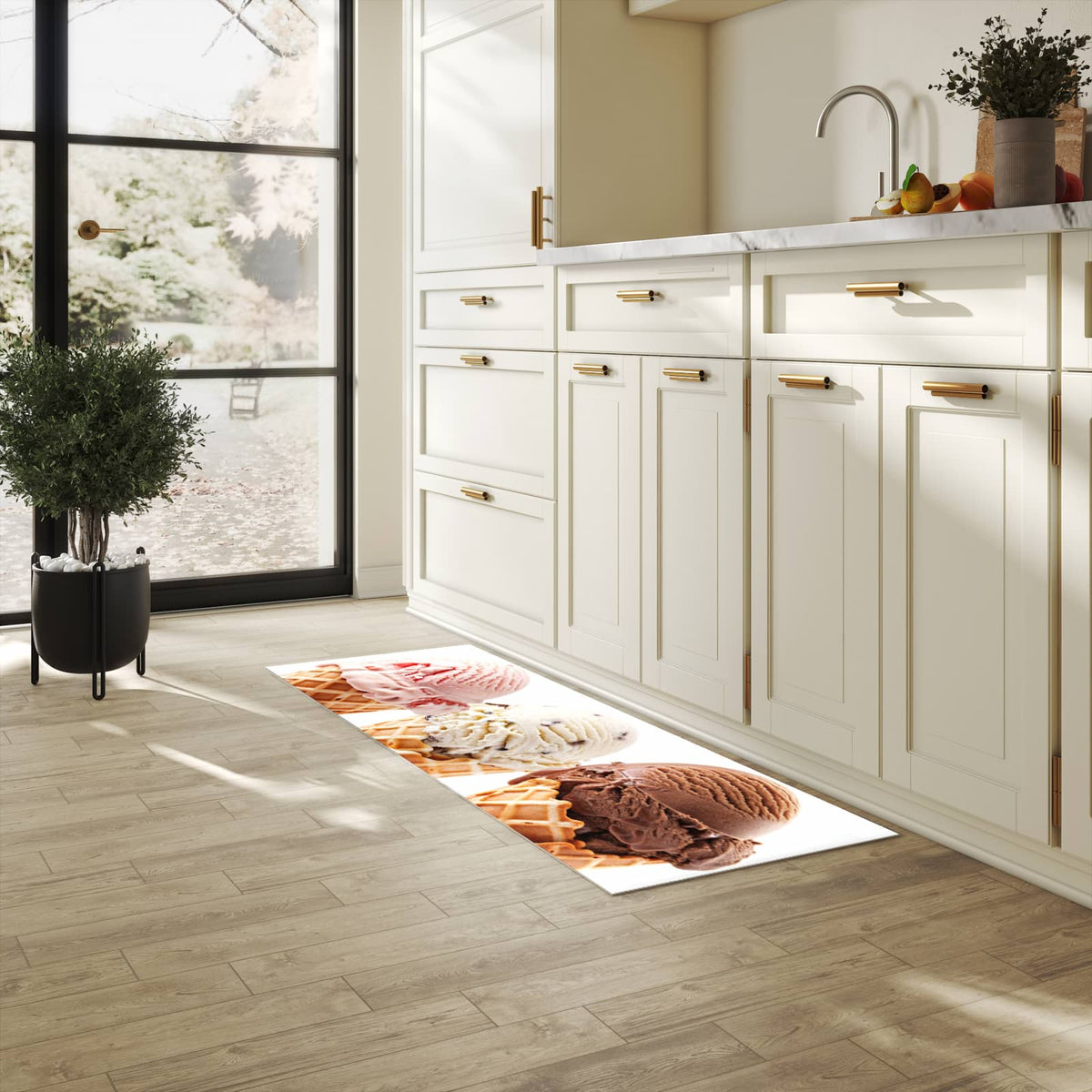 Hygienischer Bodenläufer Teppich mit Motiv Leckeres Eiscreme Trio in heller Küche