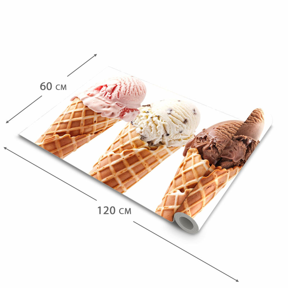 Langlebiger moderner Küchenläufer mit Motiv Leckeres Eiscreme Trio in der Grösse 90x180 cm