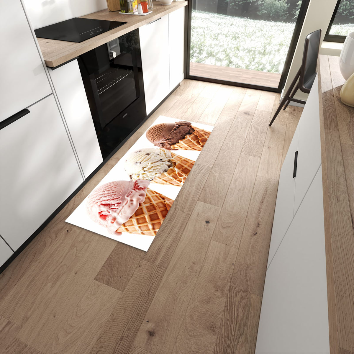 Sicherer Küchenläufer mit Motiv Leckeres Eiscreme Trio in moderner Küche #grösse_60 x 150 cm