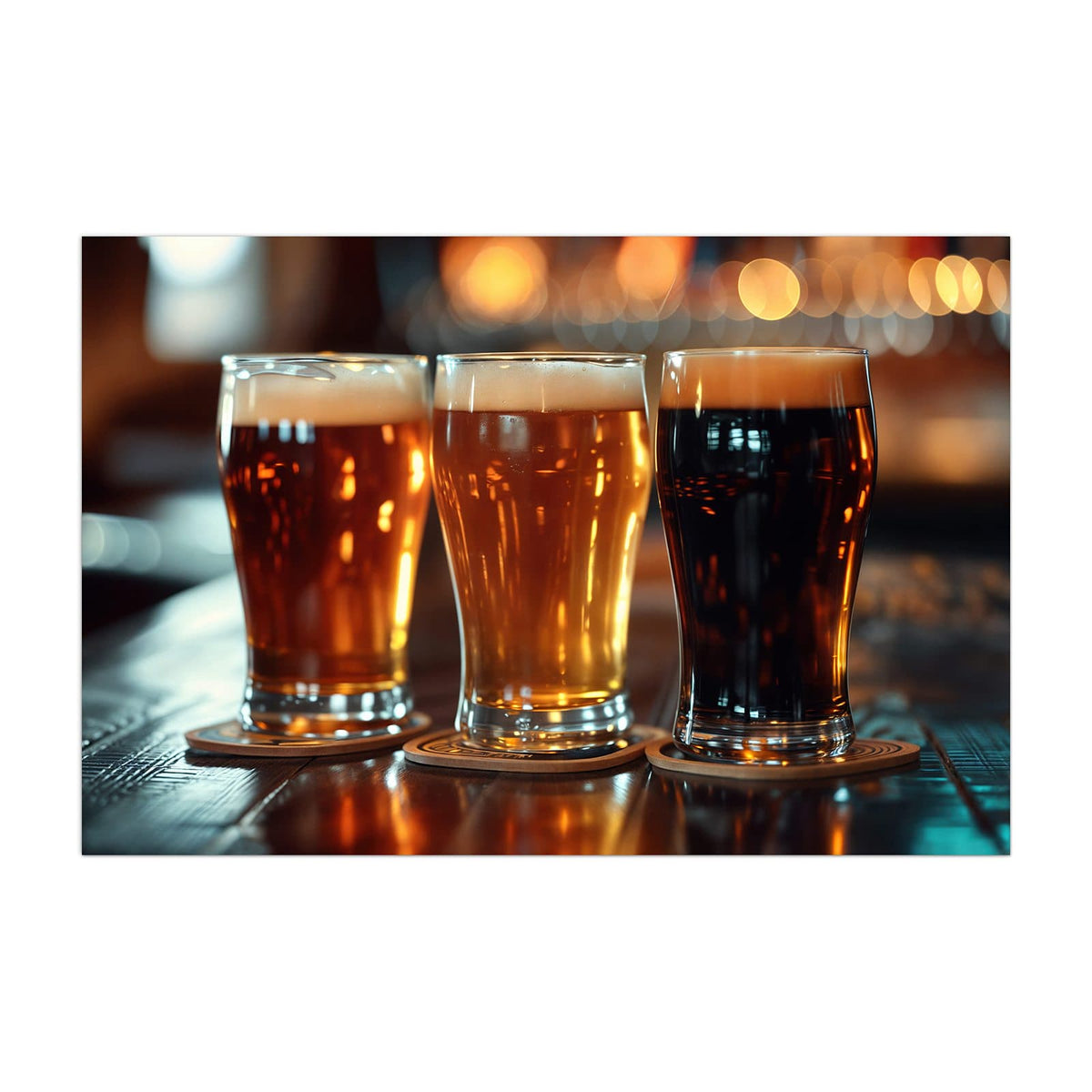 Küchenrückwand aus Glas Drei Biersorten im Hochformat, Motiv bildfüllend von vorn