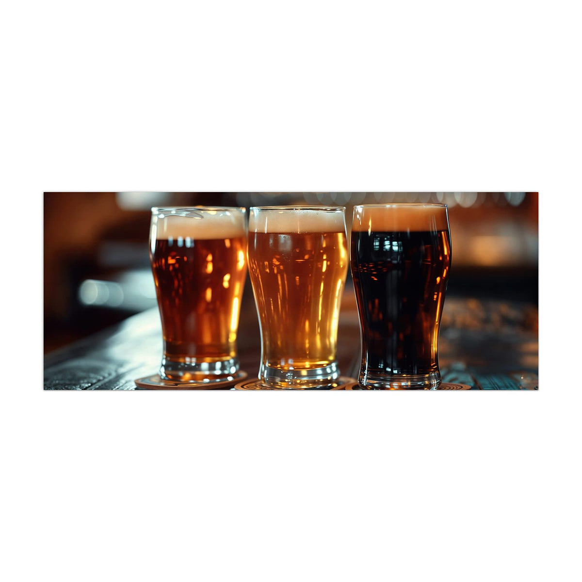 Küchenrückwand aus Glas Drei Biersorten im Hochformat, Motiv bildfüllend von vorn