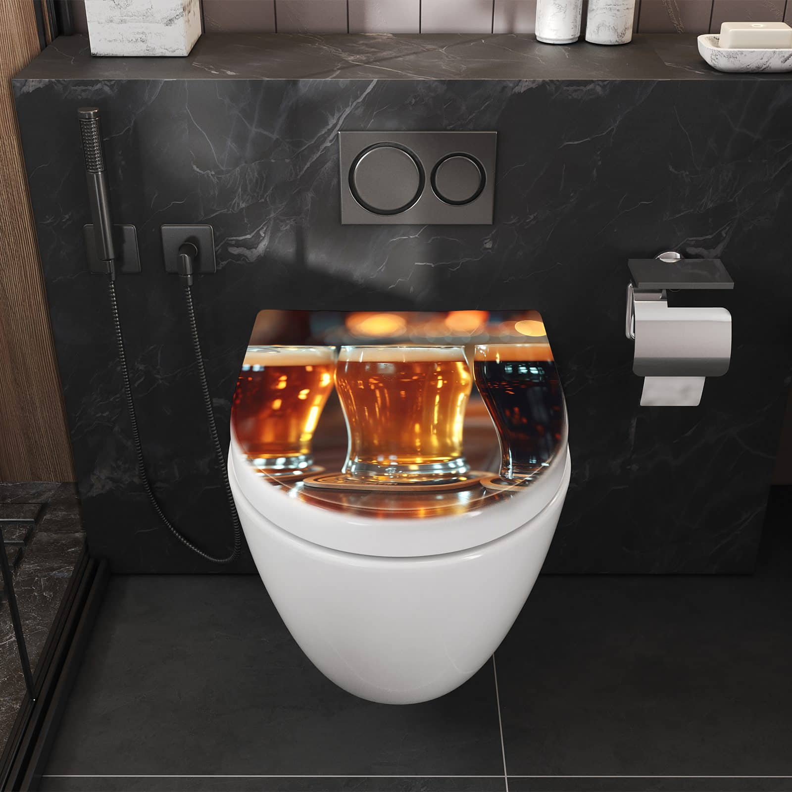 WC-Sitz mit Absenkautomatik Drei Biergläser Bar