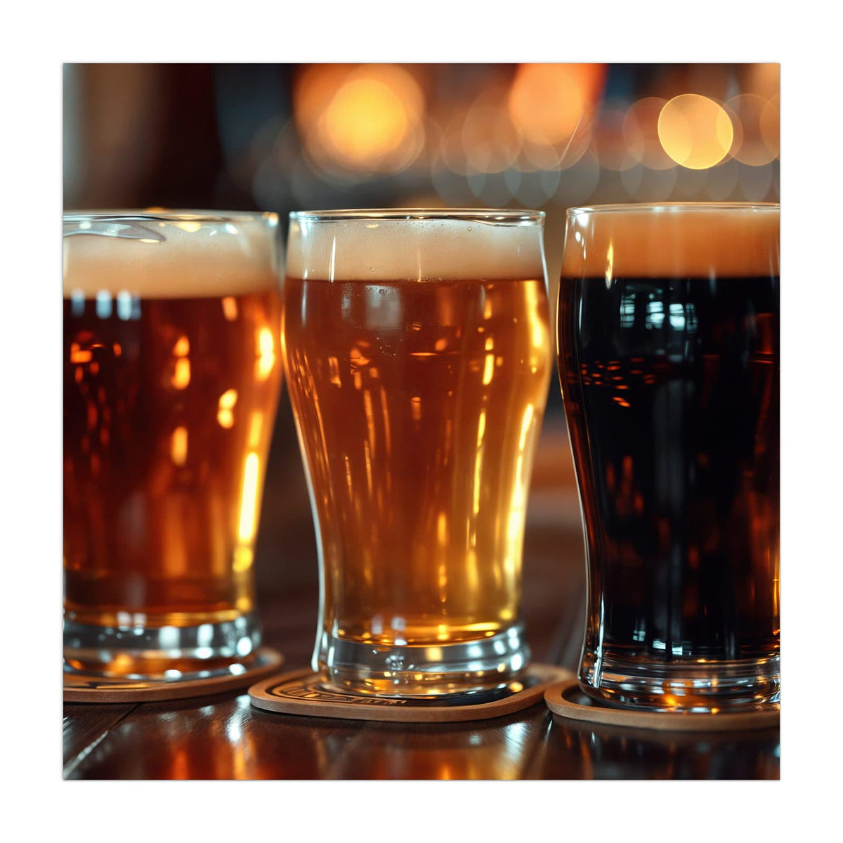Küchenrückwand aus Glas Drei Biersorten im quadratischen Format, Motiv bildfüllend von vorn