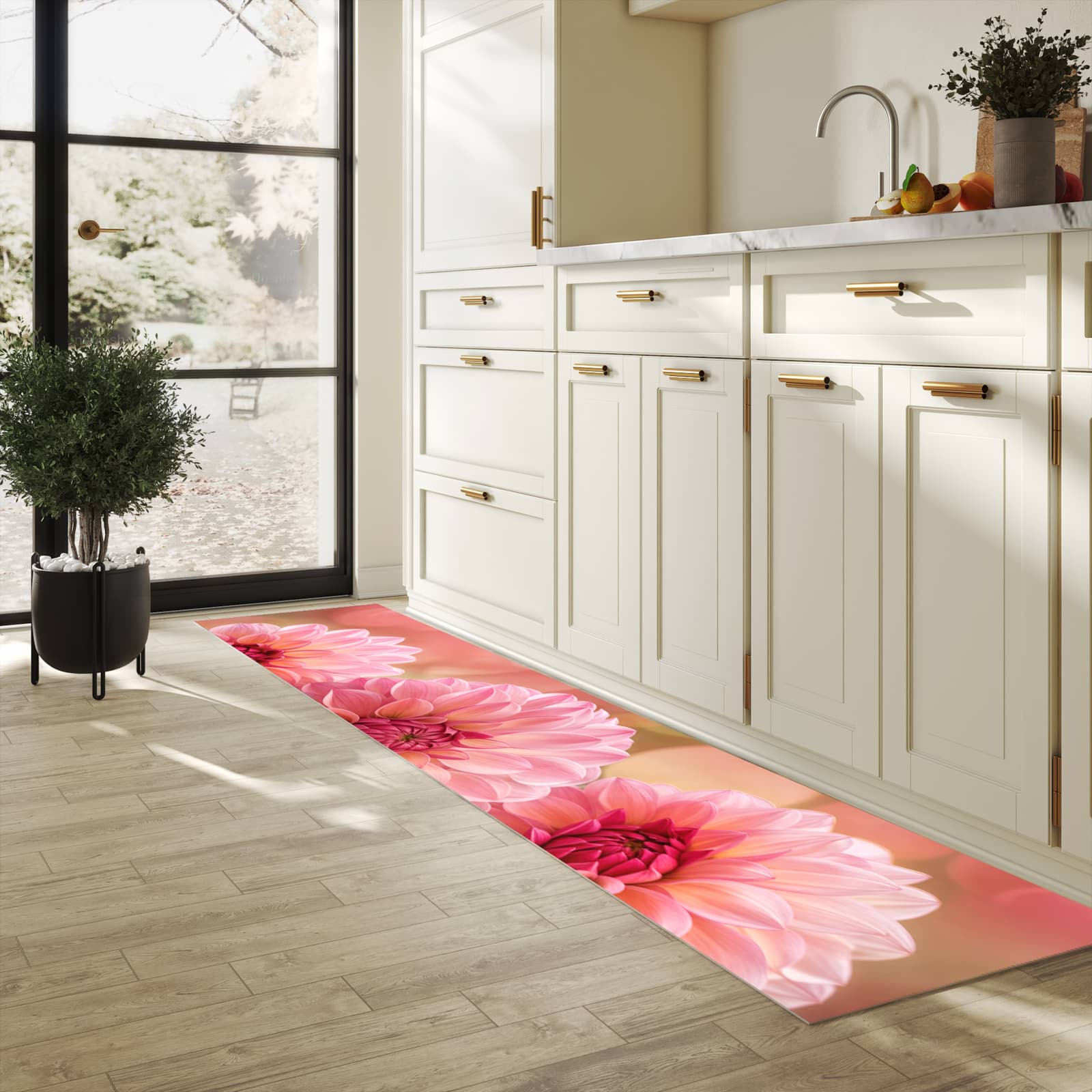 Feuchtigkeitsresistenter Küchenteppich mit Motiv Drei Blumenblüten in heller Küche