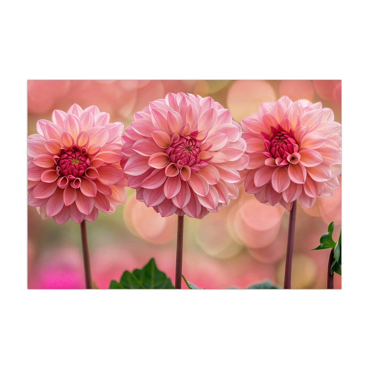 Küchenrückwand aus Glas Drei rosa Dahlien im Hochformat, Motiv bildfüllend von vorn
