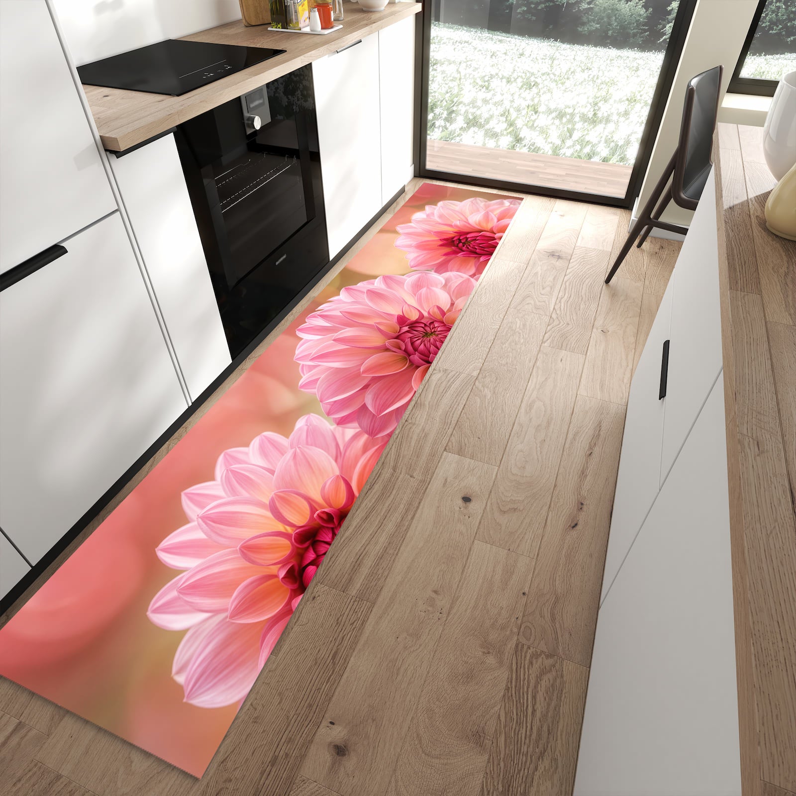 Wasserabweisender Teppich für Esstisch mit Motiv Drei Blumenblüten in moderner Küche