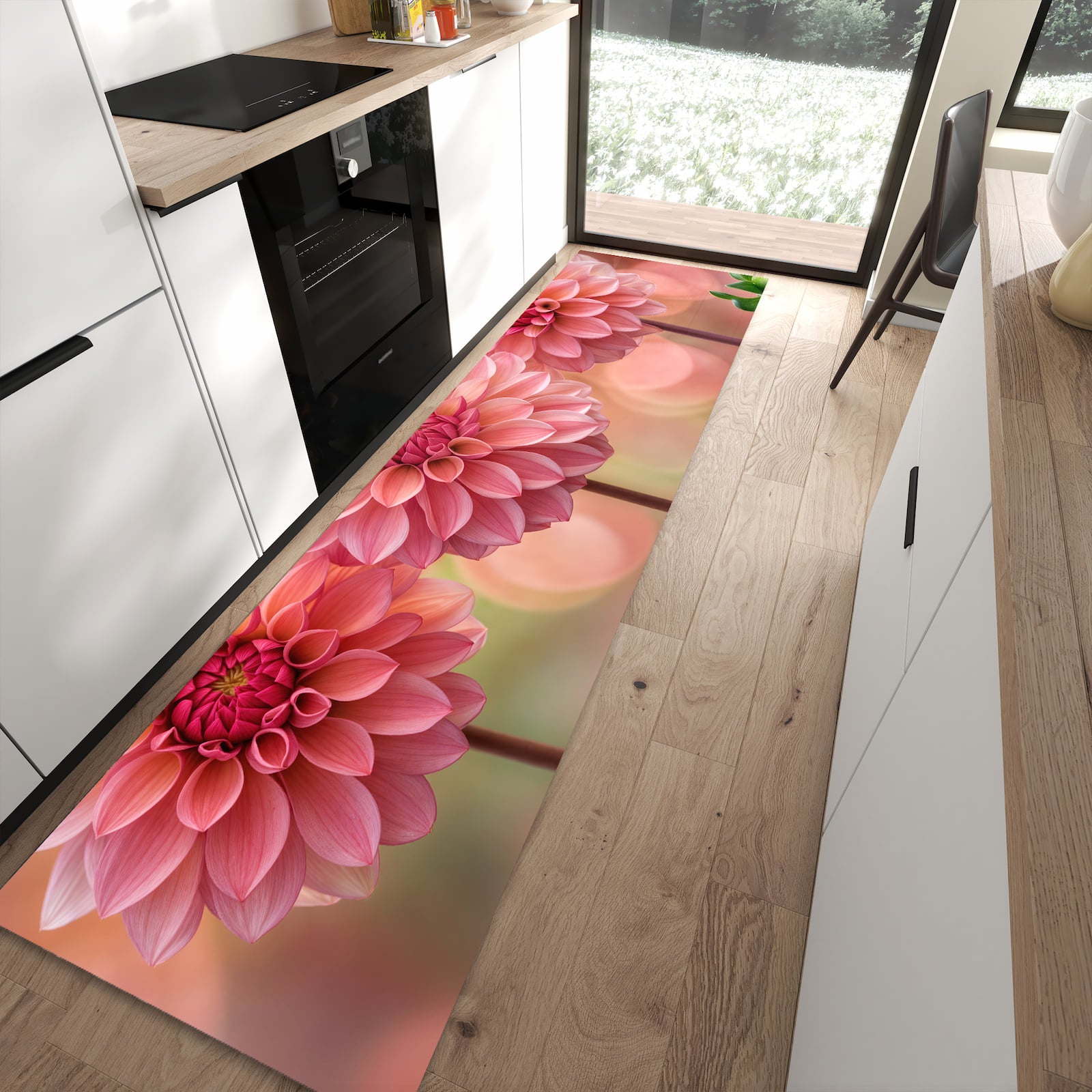 Flacher Küchenteppich mit Motiv Drei Blumenblüten in moderner Küche - waschbar