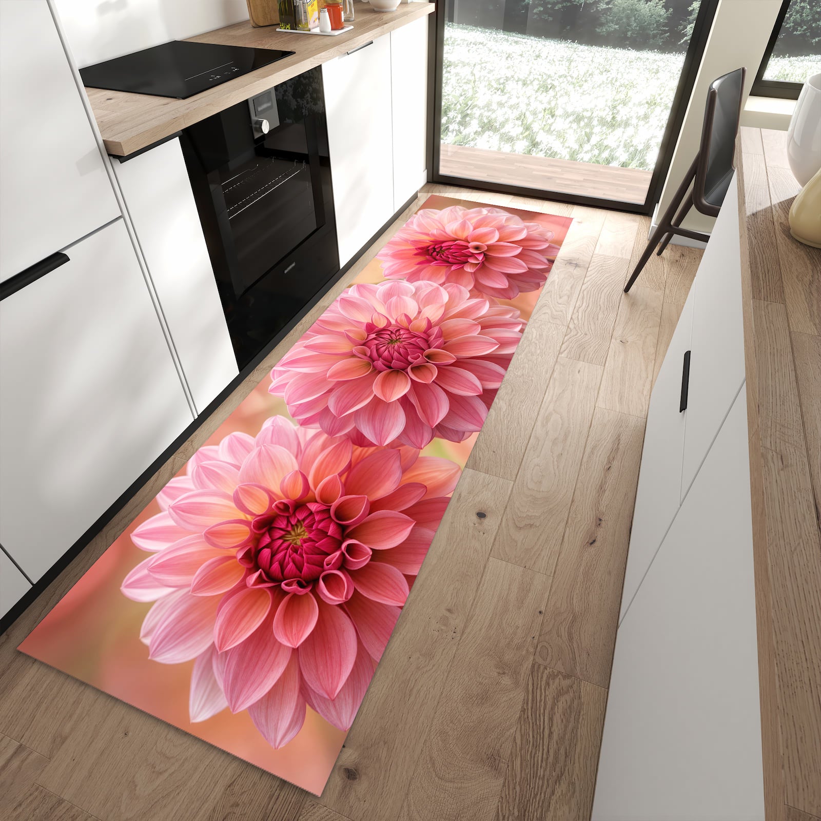 Langlebiger Küchenteppich mit Motiv Drei Blumenblüten in moderner Küche