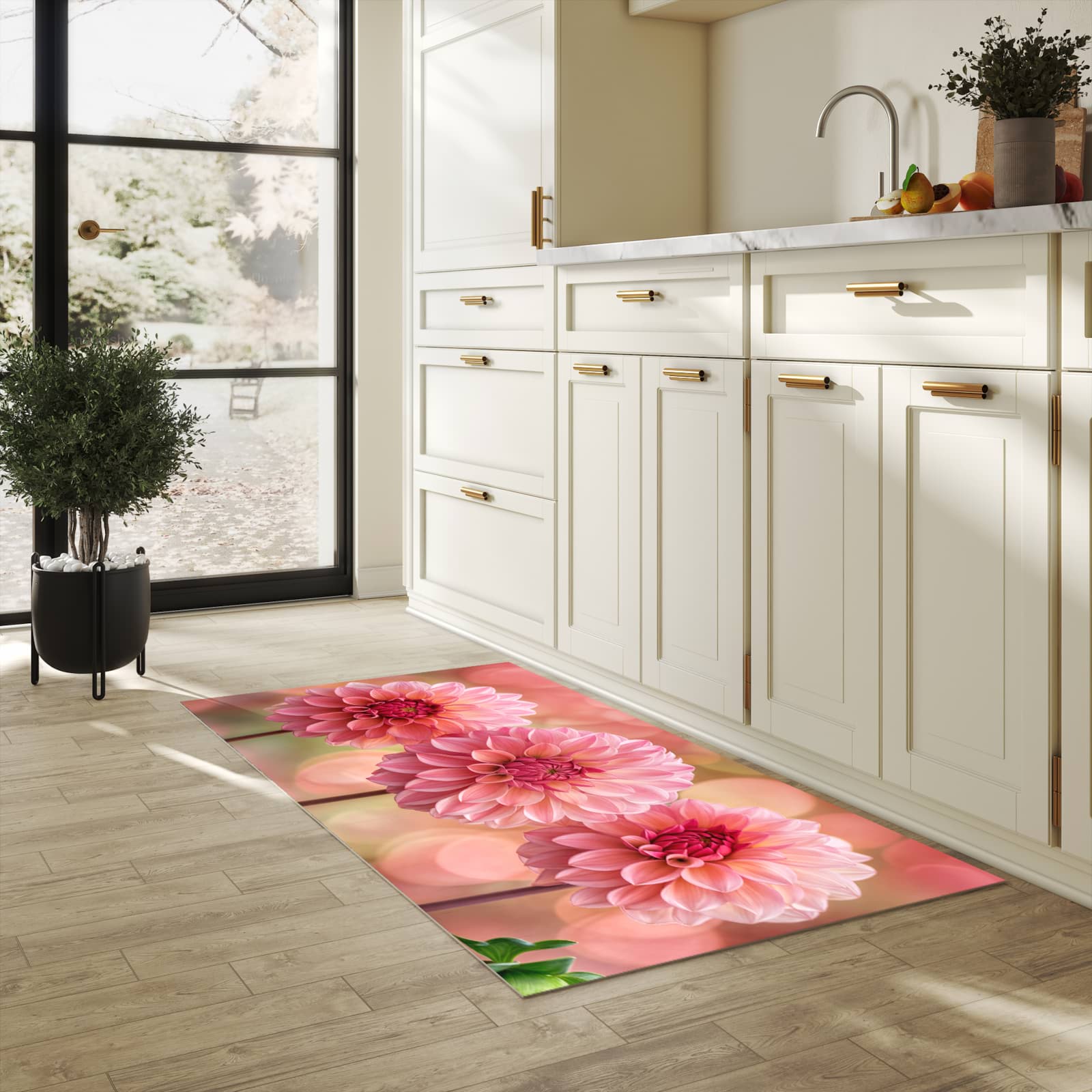 Küchenvorleger mit Motiv Drei Blumenblüten in heller Küche für sichere Aufbewahrung