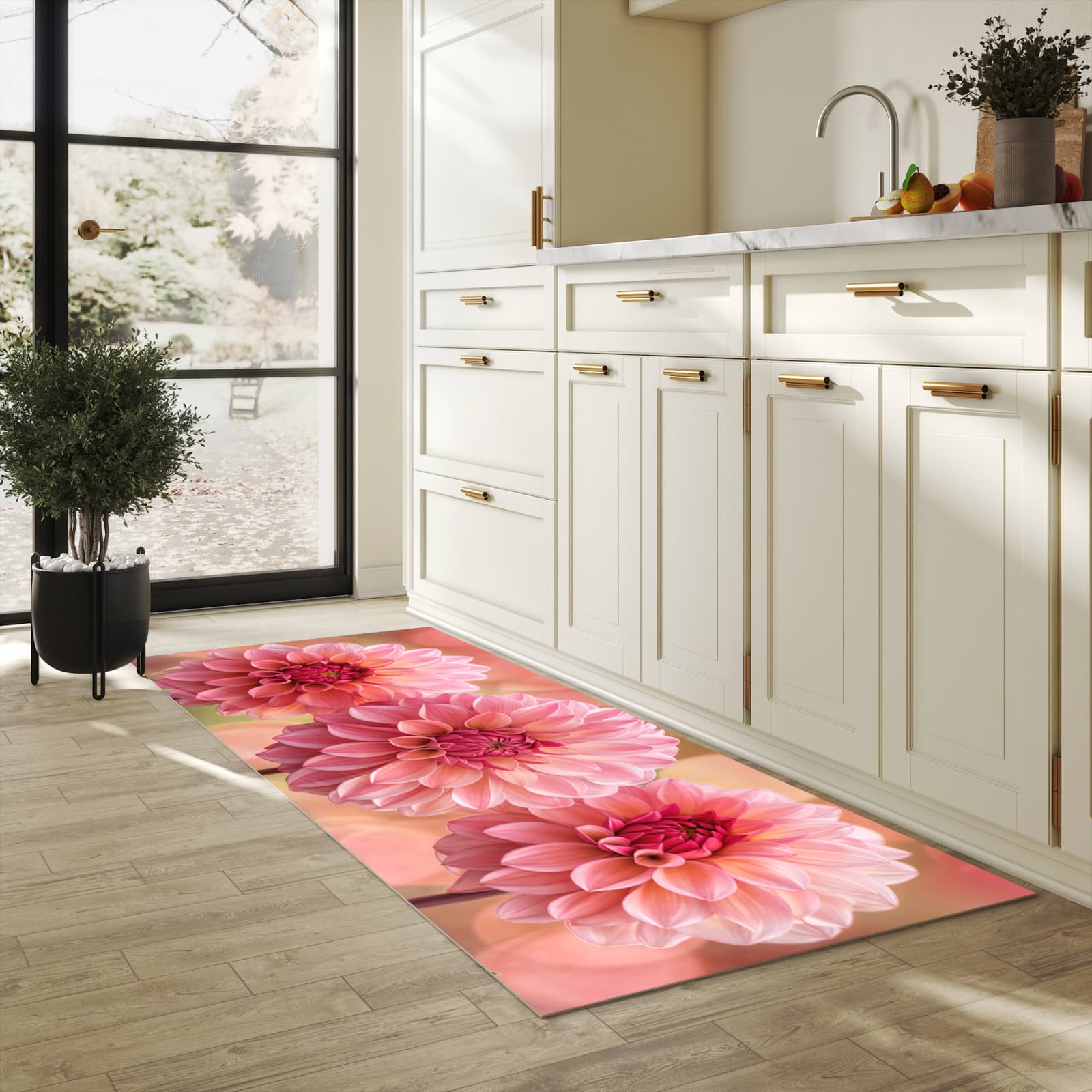 Zeitsparender waschbarer Küchenteppich mit Motiv Drei Blumenblüten in heller Küche