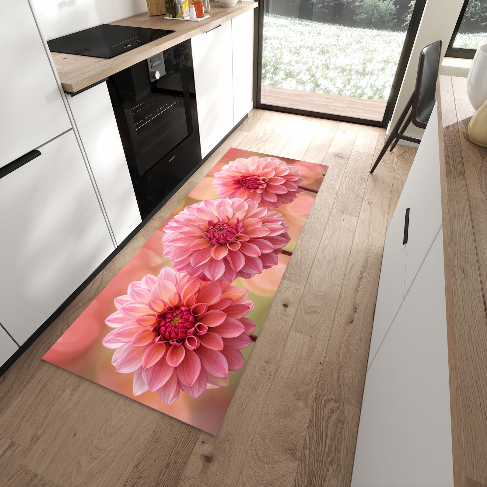 Schmutzabweisender Bodenläufer mit Motiv Drei Blumenblüten in moderner Küche