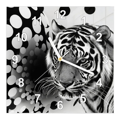 Wanduhr Quadratisch mit dem Motiv Tiger und Kreise