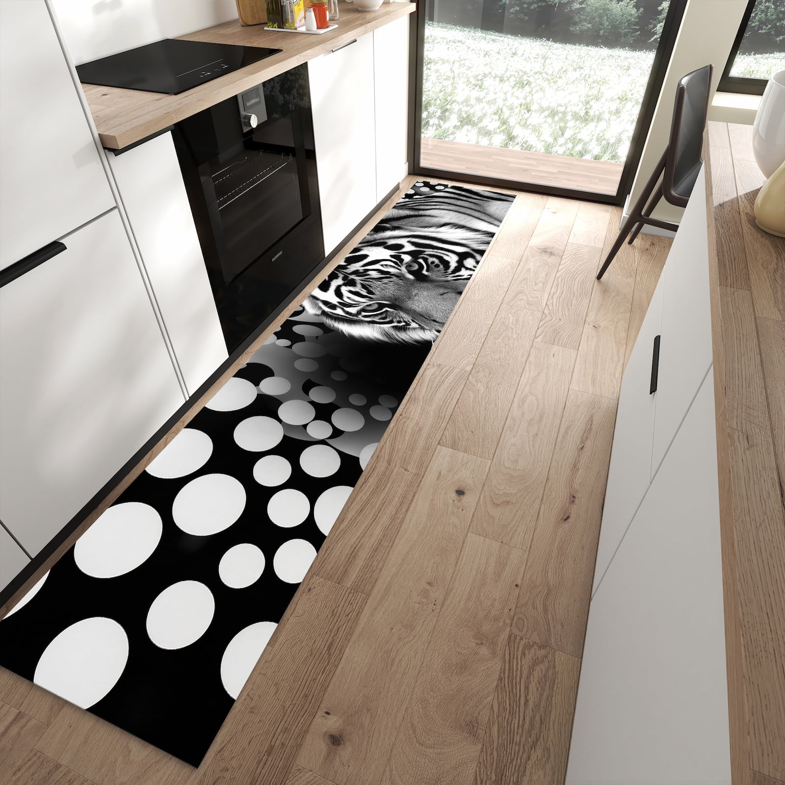 Rutschfester waschbarer Küchenteppich mit Motiv Tigerpunkte in moderner Küche