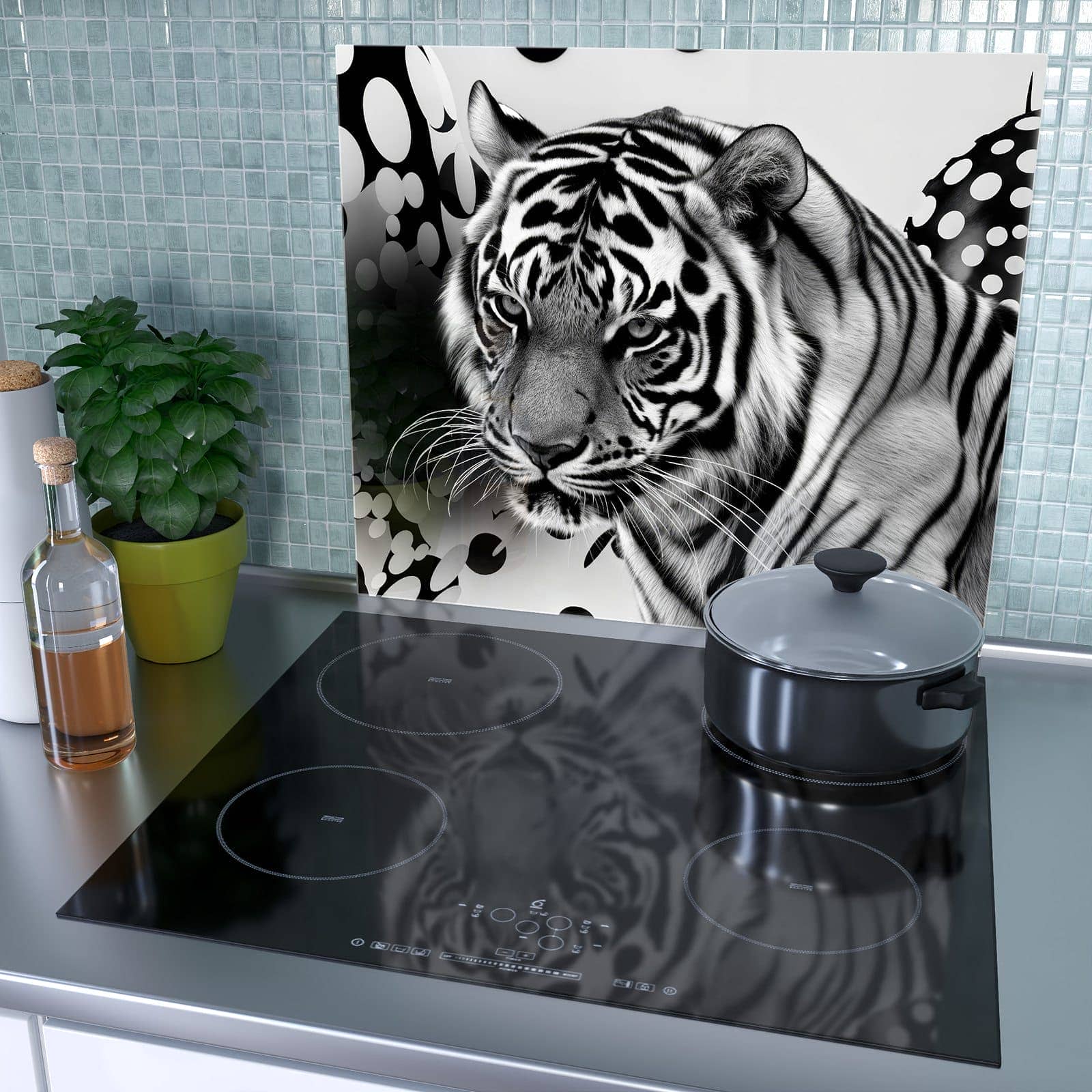 1-teilige Glasplatte für Herd mit Tigerpunkte-Motiv als Spritzschutz hinter dem Kochfeld