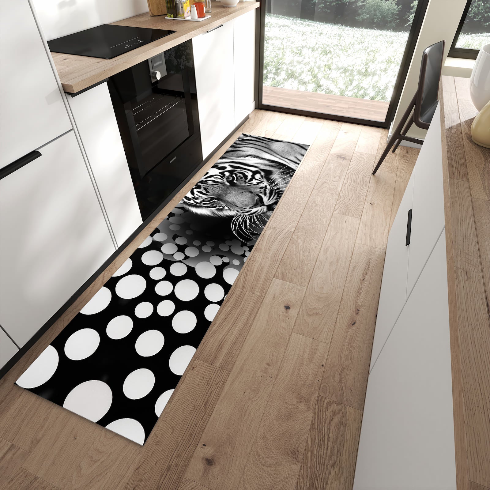 Waschbarer Küchenteppich mit Motiv Tigerpunkte in moderner Küche