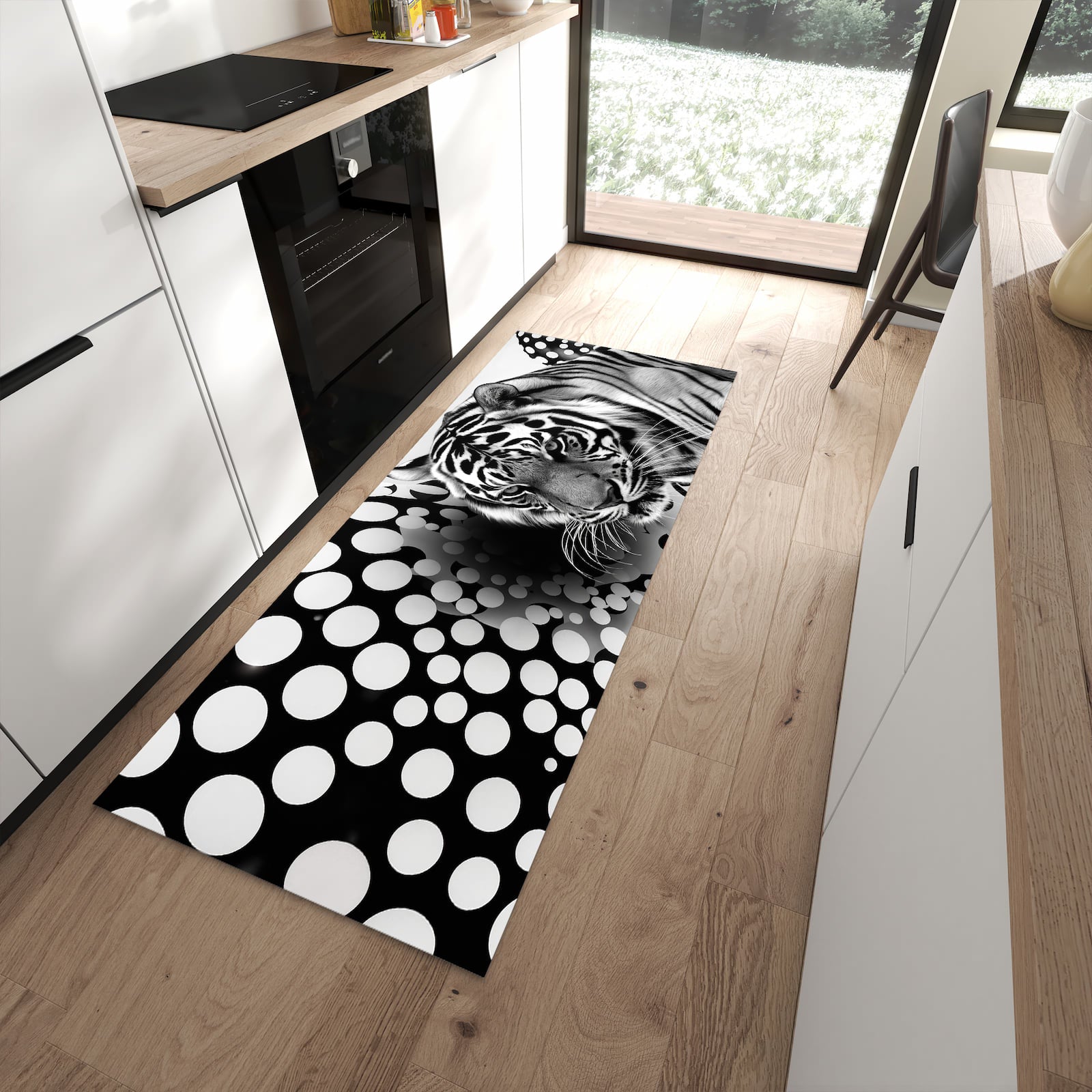 Bodenschonender Küchenteppich mit Motiv Tigerpunkte in moderner Küche