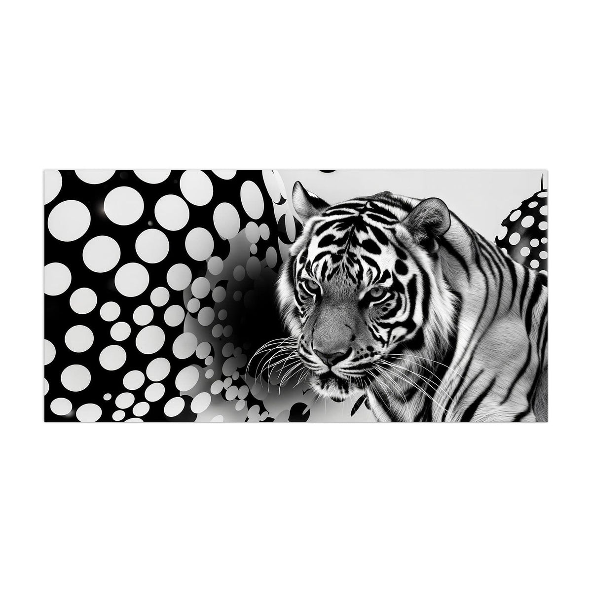 Küchenrückwand aus Glas Tiger und Kreise im Hochformat, Motiv bildfüllend von vorn